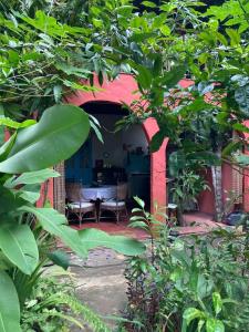 une arche avec une table et des chaises dans un jardin dans l'établissement Casa da Mel, um refúgio cercado pela natureza, à Cairu
