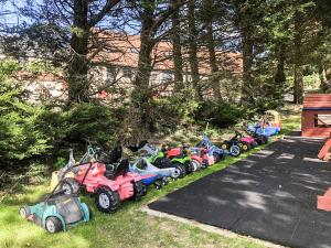 a row of toy cars and tractors parked in the grass at Cider Cottage in Hawkchurch