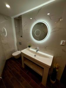 Un baño con lavabo, inodoro y espejo. en Apartmán u Kostnice, en Kutná Hora