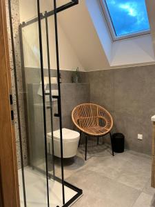 a bathroom with a toilet and a table and a window at Charmant appartement avec vue sur les vignes in Ammerschwihr +13 photos