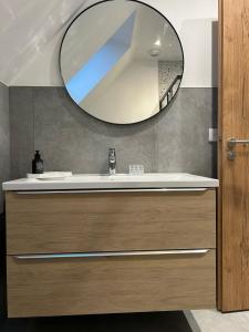 a bathroom with a sink and a mirror at Charmant appartement avec vue sur les vignes in Ammerschwihr