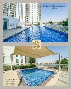 een collage van twee foto's van een zwembad bij Discount Tickets! Waterfront 2br On Yas Island &f1 in Abu Dhabi +32 foto's
