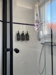 a bathroom with three bottles of soap in a shower at Zentrales, modernes Apartment mit Balkon, Küche & Garage in Dresden +27 photos