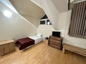 ein Schlafzimmer mit einem Bett und einem TV im Dachgeschoss in der Unterkunft Julia rooms in Sofia