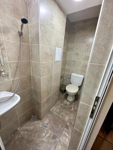 ein Badezimmer mit Dusche, Toilette und Waschbecken in der Unterkunft Julia rooms in Sofia