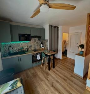 a kitchen with green cabinets and a table in a room at T1 cosy tout équipé, proche Airbus aéroport in Colomiers