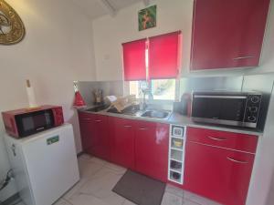 圣弗朗索瓦Au Paradis des oiseaux的厨房配有红色橱柜、微波炉和水槽