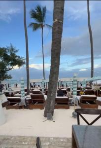 ein Strand mit Stühlen und Palmen und dem Meer in der Unterkunft Pretty Family house! In Punta Cana in Punta Cana + 44 Fotos