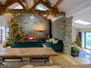 a living room with a christmas tree and a fireplace at Vredehoek in Quethiock