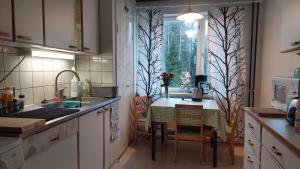 索特卡莫Arctic Landhaus的厨房配有小桌子和窗户。