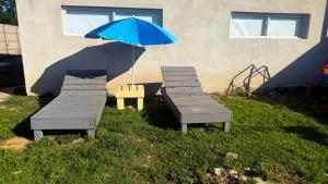two benches and a blue umbrella in the grass at Departamento por dia in Pehuajo