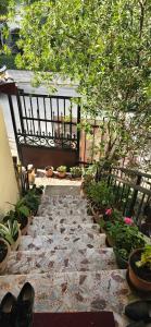 a stone walkway with potted plants on a balcony at Cozy Home in Tirana