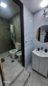 a bathroom with a toilet and a sink and a mirror at Rada Tilly Apart 2 Unidad 6 in Rada Tilly