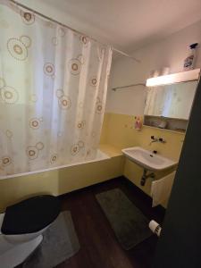 a bathroom with a shower curtain and a sink at Queen Home1 in Lucerne
