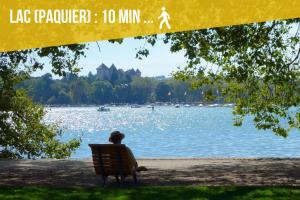 een persoon die op een bankje zit en naar een meer kijkt bij Appartement Annecy Green in Annecy
