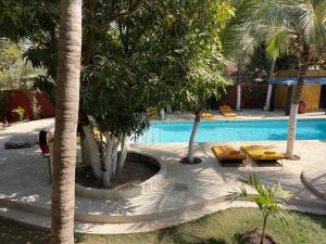 einen Pool mit gelben Liegestühlen und Palmen in der Unterkunft La Tour Rouge in M'bour