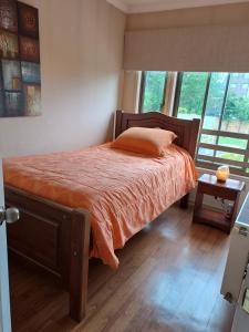 a bedroom with a bed with an orange bedspread at Lorena in Concepción