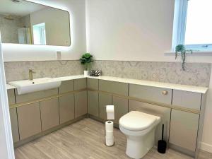 a bathroom with a toilet and a sink and a mirror at Stylish Cosy Stunning View Villa in Kirkwall, Free Parking and WiFi in Orkney