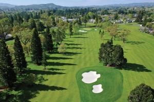 an overhead view of a golf course with two white bags on the green at Romantic Napa Escape Prime Location in Vichy Springs