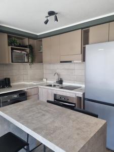 una cocina con fregadero y refrigerador en Exclusivo depto con AC y piscina Ñuñoa, en Santiago