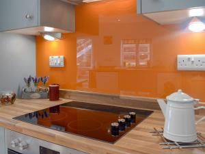 a kitchen with orange walls and a counter top at Delfryn in Llanarth +17 photos