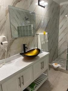 a bathroom with a sink and a mirror at Agape Suites-Room 1- Ground Floor in Soufrière +11 photos