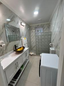 a bathroom with a sink and a counter with a mirror at Agape Suites-Room 1- Ground Floor in Soufrière