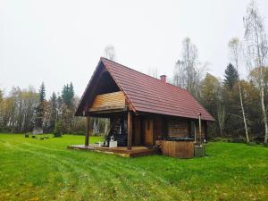 a log cabin with a red roof in a field at Tammetalu puhkemaja  +6 photos