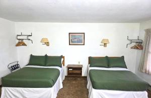 two beds in a room with green and white at Cool City Motel in Two Rivers