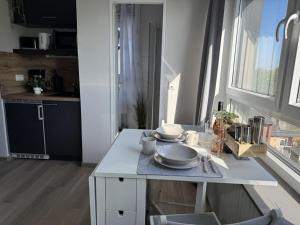 a kitchen with a counter with plates on it at Briesenick-Radde in Tossenserdeich