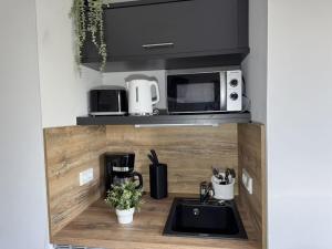 a kitchen with a sink and a microwave at Briesenick-Radde in Tossenserdeich