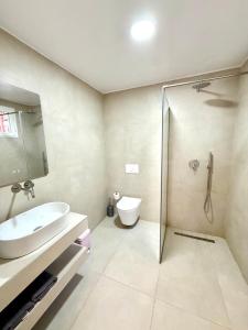 a bathroom with a toilet and a sink and a shower at Janakis Apartments in Himare +40 photos