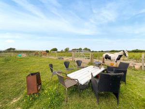 een tafel en stoelen en een paard in een veld bij The Box - Oasis Farm in Fareham
