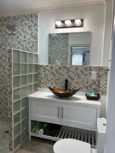 a bathroom with a sink and a mirror at Agape Suites-Room 2-Ground Floor in Soufrière