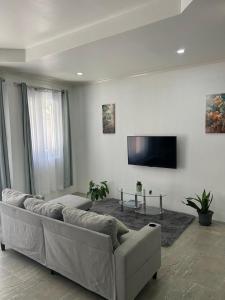 a living room with a couch and a flat screen tv at Agape Suites-Room 2-Ground Floor in Soufrière