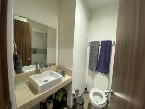 a bathroom with a sink and a toilet and a mirror at Moderno depa con todas las comodidades en Juriquilla, Queretaro in Juriquilla