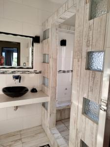 ein Badezimmer mit Waschbecken und Spiegel in der Unterkunft Flor silvestre in Carpintería