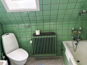 a green tiled bathroom with a toilet and a radiator at 6 person holiday home in Hasle in Rønne