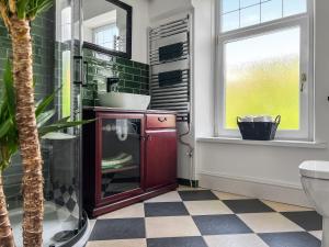 a bathroom with a counter and a sink and a window at Mushroom Cottage in Ferndale +6 photos