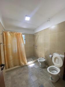 a bathroom with a shower and a toilet and a sink at Caminito in Villa Anizacate