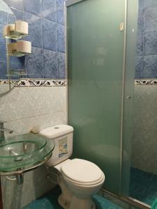 a bathroom with a toilet and a glass sink at Departamento Céntrico in Quillacollo