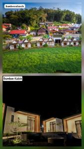 Dos fotografías de un pueblo con casas y césped verde en BAMBOO Shack & BAMBOO Cabin, en Bukittinggi