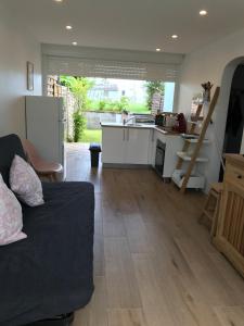 レ・トロワ・イレにあるGrand F2 luxe 3 mn plage avec jardin pointe du boutのソファとキッチンのあるリビングルーム