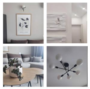 a collage of four pictures of a living room at Апартамент "Rodopi" с Гледка към Езеро Безплатен Подземен Гараж in Smolyan