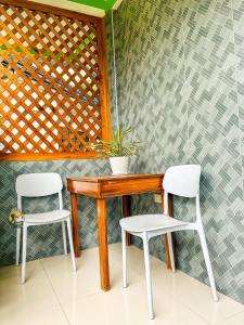 two chairs and a wooden table with a potted plant at Felicitas Guest House- Siargao in General Luna