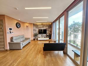 ein Wohnzimmer mit Sofa und Fernseher in der Unterkunft Aewol Penthouse in Jeju-do
