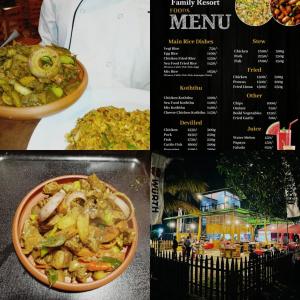 a menu for a restaurant with a plate of food at Viyan hotel in Negombo