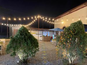 two christmas trees in front of a building with lights at Universal Bliss in Pokhara