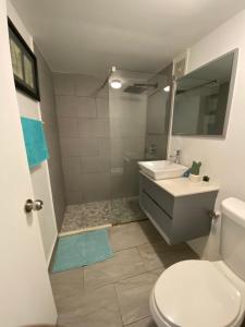 a bathroom with a sink and a toilet and a mirror at Condado Serenity by the Sea in San Juan +7 photos