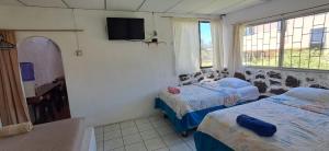 a room with two beds and a tv on the wall at Cabañas Don Jorge - Cabaña Fragata in Puerto Baquerizo Moreno